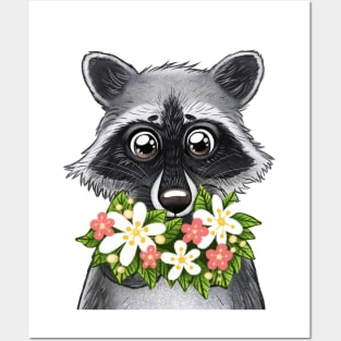 Raccoon with flowers Posters and Art